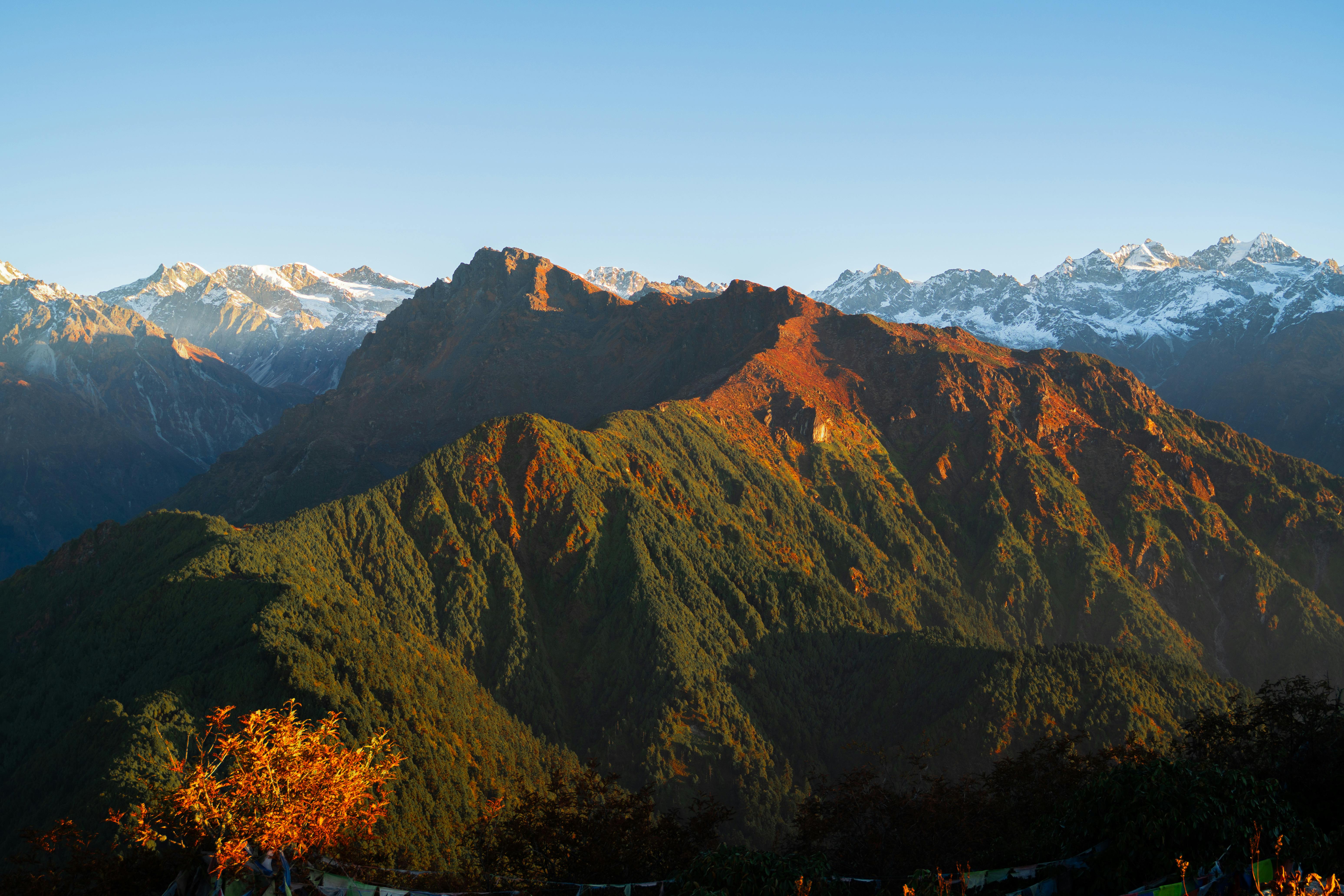 Sunrise over the Himalayan mountains in Nepal.
